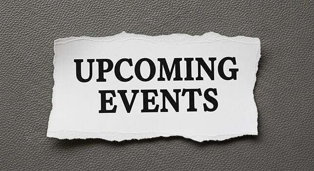 Torn paper displaying Upcoming Events on textured gray background announcing future schedules and programs creating anticipation and excitement for planned activities and important dates promoting eve photo