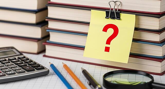 Closeup of a stack of books with a question mark note calculator pencils and magnifying glass on a graph paper surface representing education learning problemsolving and the pursuit of knowledge photo