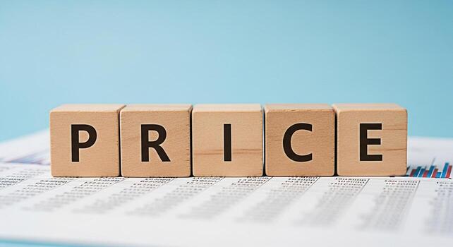 Wooden blocks spelling PRICE resting on a financial report with charts against a light blue background representing cost analysis affordability and the importance of pricing strategy in business photo