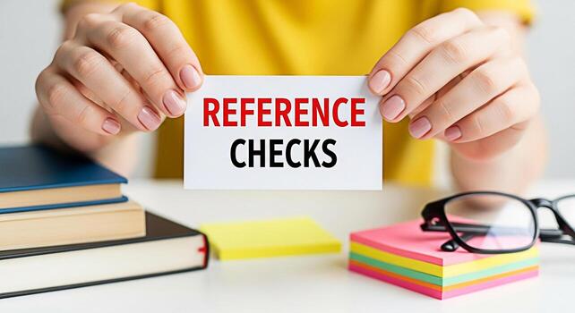 Professional woman holding a card with the words Reference Checks in a bright organized office setting emphasizing the importance of thorough background checks and due diligence in hiring processes photo