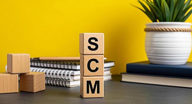 Wooden blocks displaying SCM on a desk with notebooks and a plant against a vibrant yellow background representing supply chain management and business strategy with a focus on organization and effici photo