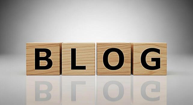 Wooden blocks spelling BLOG on a reflective surface in a studio setting representing online content creation and sharing ideas fostering a sense of community and knowledge dissemination through digita photo