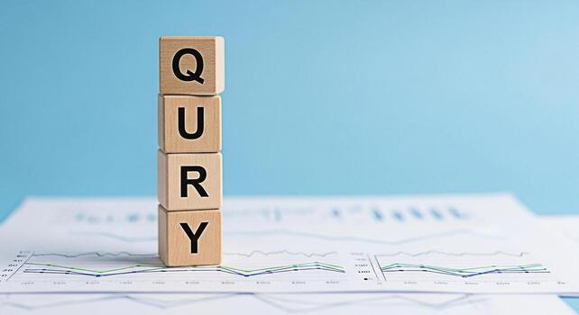 Wooden blocks spelling QUERY stacked on financial charts in a bright studio setting representing data analysis and information retrieval for business intelligence and strategic decisionmaking with a f photo