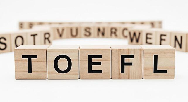 Wooden blocks spelling out TOEFL on a white surface emphasizing the importance of English language proficiency for academic and professional success creating a mood of preparation and achievement photo