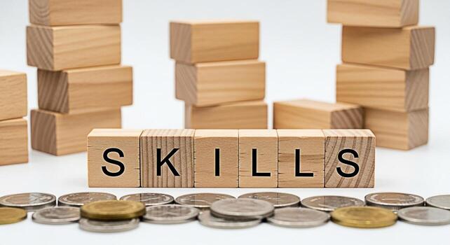 Wooden blocks spelling SKILLS are stacked on a white surface surrounded by piles of coins symbolizing investment in personal development and the financial rewards of acquiring new skills in a competit photo