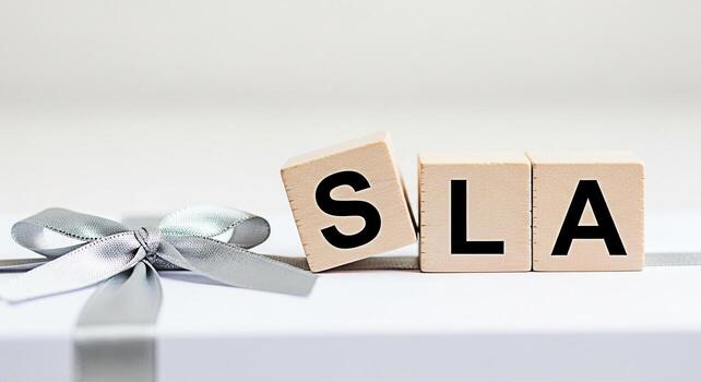 Wooden blocks displaying SLA on a gift box with a silver ribbon symbolizing a Service Level Agreement in a business setting conveying a message of commitment and guaranteed service quality photo