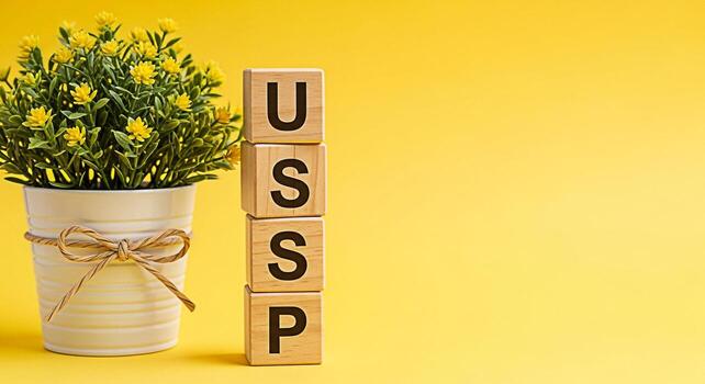 Wooden blocks displaying USSP next to a flower pot on a yellow background representing Unique Selling Proposition a marketing concept that differentiates a product or service conveying a message of bu photo
