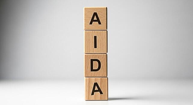 Wooden blocks displaying AIDA in a bright studio setting representing the marketing funnel of Awareness Interest Desire and Action symbolizing a strategic approach to customer engagement and conversio photo