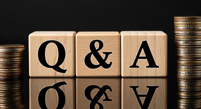 Wooden blocks displaying Q A with stacked coins on a reflective surface symbolizing financial questions and answers investment advice and the concept of seeking financial knowledge and solutions photo
