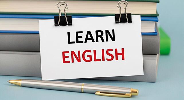 de cerca de un apilar de libros con un aprender Inglés mensaje adjunto por aglutinante clips metido en un azul superficie con un bolígrafo transporte un sentido de educación idioma adquisición y el importancia de aprendizaje foto