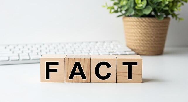 Wooden blocks spelling FACT on a white desk in a bright office conveying a sense of truth accuracy and reliability in a professional and trustworthy environment with a keyboard and a plant in the back photo
