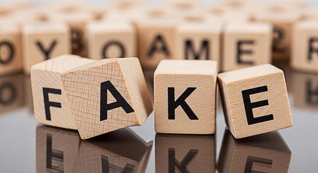 de madera bloques ortografía falso en un reflexivo superficie rodeado por otro bloques con letras simbolizando desinformación y engaño en un digital años creando un sentido de desconfianza y escepticismo foto