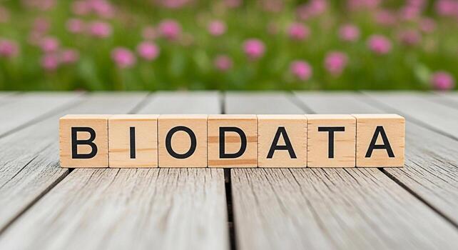 Wooden blocks spelling Biodata on a weathered wooden table in a lush garden setting representing personal information resume details and the importance of accurate data in a natural and serene environ photo