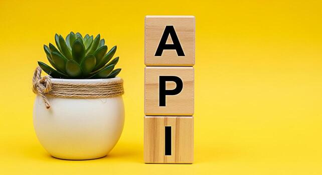 de madera bloques mostrando api siguiente a un suculento en un blanco maceta en un vibrante amarillo antecedentes simbolizando solicitud programación interfaz y moderno tecnología con un limpiar minimalista estético foto