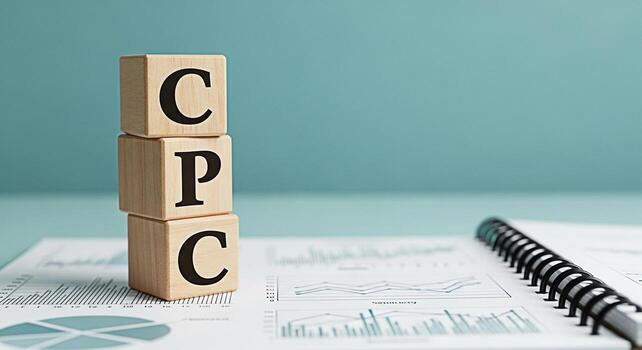 Stacked wooden blocks displaying CPC on a financial report in a bright office symbolizing cost per click advertising marketing strategy and datadriven decisionmaking for business growth and success photo