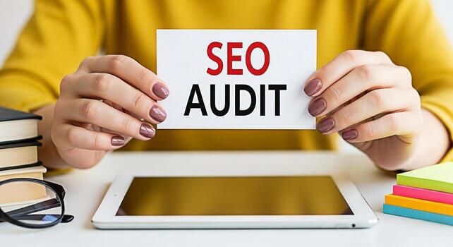 Closeup of a woman holding a card with the text SEO Audit in a bright organized office setting symbolizing the importance of website optimization and search engine ranking for online success photo