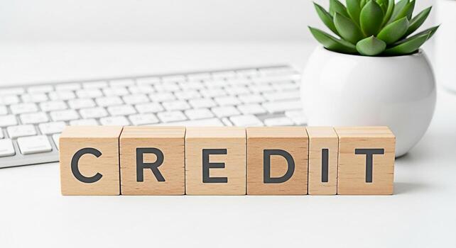 Wooden blocks spelling CREDIT displayed on a clean white desk next to a computer keyboard and a potted succulent representing financial responsibility and planning for a secure future in a modern work photo