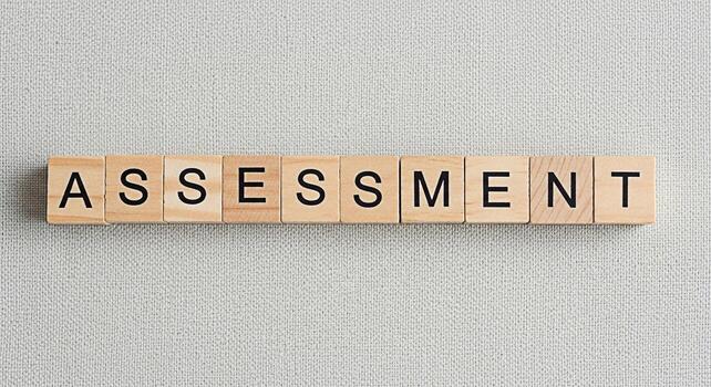 Wooden blocks spelling Assessment on a textured gray surface conveying the importance of evaluation and analysis in a neutral and professional setting emphasizing accuracy and thoroughness photo