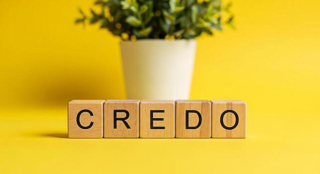 de madera bloques ortografía credo en un brillante amarillo superficie posicionado en frente de un en conserva verde planta simbolizando creencia principios y un positivo optimista panorama para negocio y personal valores foto