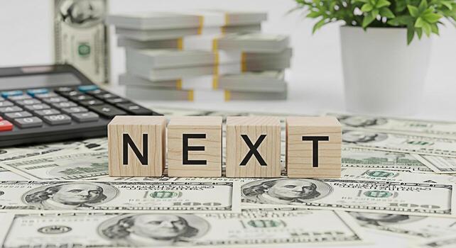 Wooden blocks spelling NEXT placed on a bed of US dollar bills with a calculator and stacks of money in the background representing financial planning for the future and the concept of moving forward photo