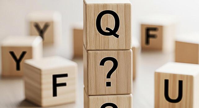 Stack of wooden blocks displaying a question mark in a bright studio setting symbolizing uncertainty inquiry and the search for answers in business education and personal development contexts photo