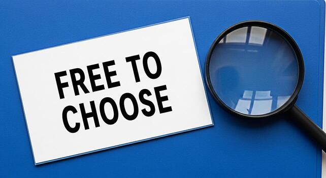 Magnifying glass focusing on a card with the words Free to Choose on a blue surface symbolizing freedom options and the power of decisionmaking in a business or personal context promoting a sense of a photo