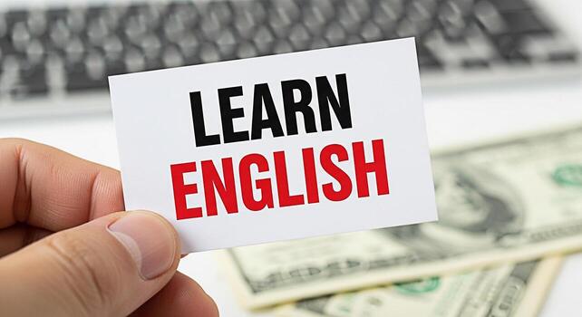 de cerca de un mano participación un tarjeta ese dice aprender Inglés en frente de un teclado y nosotros dólar cuentas simbolizando el inversión y oportunidad en idioma educación y global comunicación foto