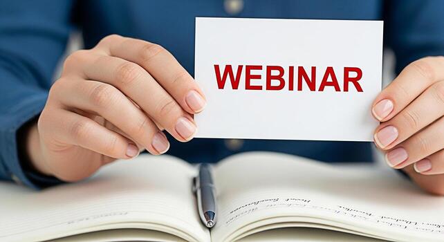 de cerca de manos participación un tarjeta con el palabra seminario web terminado un abierto cuaderno y bolígrafo en un blanco escritorio simbolizando en línea aprendizaje negocio presentaciones y el accesibilidad de remoto educación y tra foto