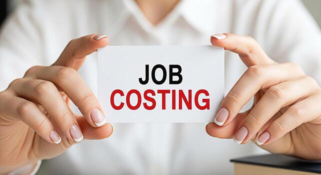 Closeup of manicured hands holding a card with Job Costing text in a bright office setting emphasizing financial accounting and project management with a focus on cost analysis and business efficiency photo