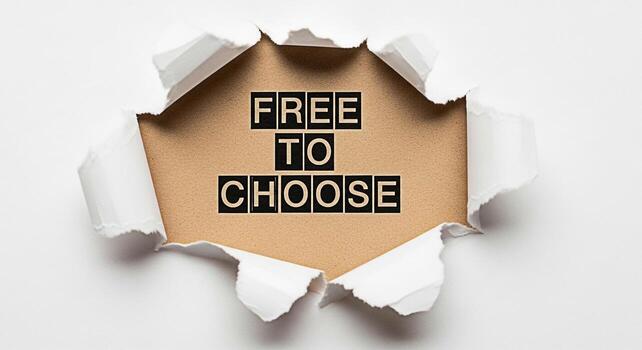 Text revealing Free to Choose through a torn white paper symbolizing opportunity and decisionmaking in a conceptual and empowering setting highlighting freedom choice and the power of selecting ones o photo
