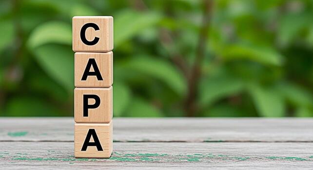 Wooden blocks spelling CAPA stacked on a weathered wooden surface in a lush green garden representing corrective and preventive action for quality control and continuous improvement with a focus on co photo