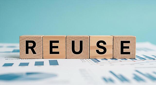 Wooden blocks spelling REUSE on top of financial charts in a bright studio setting symbolizing sustainability and conscious consumption for a greener future and responsible business practices photo