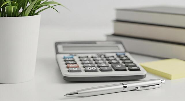 Closeup of a calculator pen and potted plant on a white desk suggesting financial planning and accounting in a clean and organized workspace creating a sense of calm and efficiency photo