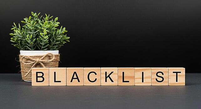 Wooden blocks spelling BLACKLIST arranged on a dark surface with a potted plant in the background representing exclusion restriction and the consequences of negative actions in business and personal l photo