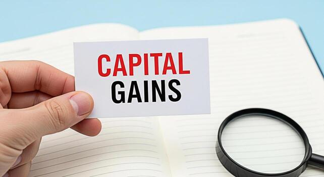 Closeup of a hand holding a card with the words Capital Gains over an open notebook with a magnifying glass symbolizing financial analysis and investment strategies in a business context photo