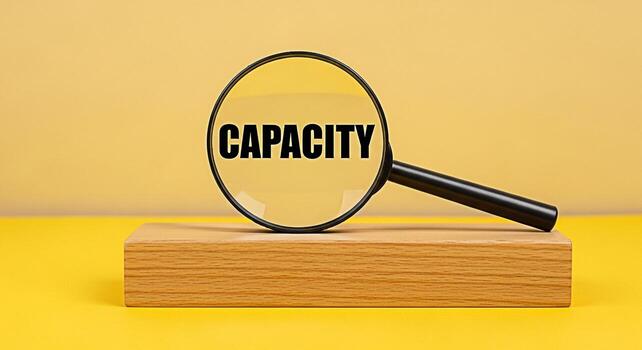 Magnifying glass focusing on the word CAPACITY displayed on a yellow background symbolizing the importance of understanding and maximizing potential efficiency and resourcefulness in business and pers photo