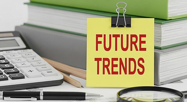 Analyzing future trends in a business setting with a calculator pen and magnifying glass on a desk symbolizing strategic planning and forecasting for growth and innovation in the evolving market lands photo