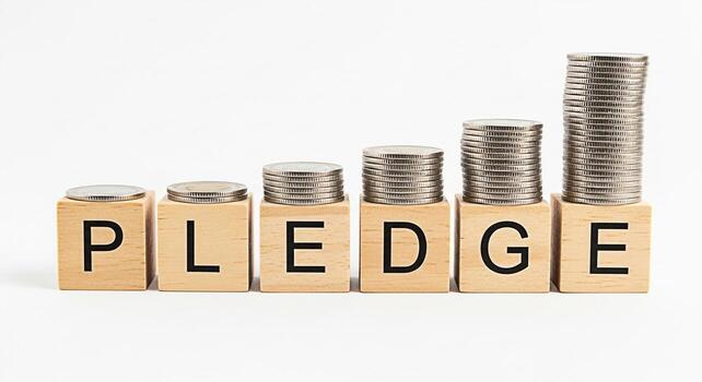 Stacks of coins increasing on wooden blocks spelling PLEDGE against a white background symbolizing a financial commitment and growth towards a goal conveying a sense of responsibility and investment photo