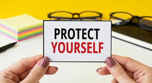 Womans hands holding a card with the message Protect Yourself in a bright organized workspace emphasizing the importance of selfcare safety and taking preventative measures for health and wellbeing photo
