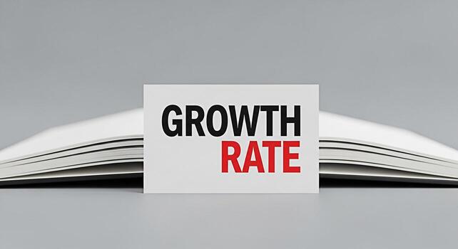 Bold Growth Rate message displayed on a white card standing prominently against an open book on a neutral gray background symbolizing financial progress and business development in a minimalist settin photo