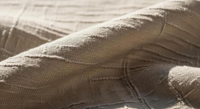 A close-up view of textured, lightweight linen fabric, showing irregular slubs, natural creases, sun-bleached highlights, creating an airy, tactile composition, no text photo