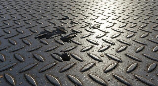 Close-up view of a textured diamond plate metal surface with water droplets, capturing light reflections and patterns, ideal for industrial and abstract backgrounds photo