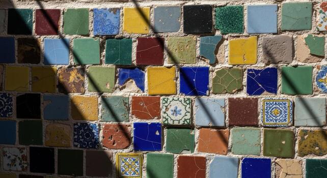 Artistic mosaic of colorful, aged tiles in a textured wall, showcasing vibrant hues and intricate patterns with a touch of history and charm photo