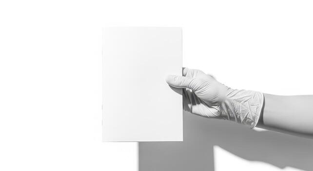 Blank paper held by gloved hand against white background a minimalist, high-contrast composition suggesting concepts of sterility, medical, or presentation photo