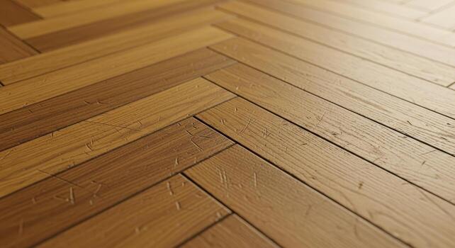 Detailed close-up of a herringbone pattern wood floor with varying tones and textures, showcasing intricate craftsmanship in a natural setting photo