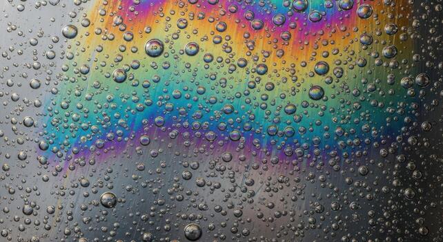 resumen macro fotografía de petróleo resbaloso en metal superficie, con arco iris iridiscencia, micro gotas, y reflexivo brillo. un visual exploración foto