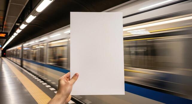 Hand holding blank paper in front of a blurred train, ideal for advertisement or design. Subway station setting for creative mockups photo