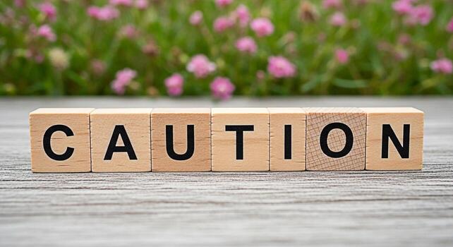Wooden blocks spelling CAUTION on a weathered wooden surface with a blurred background of green foliage and pink flowers conveying a message of warning and awareness in a natural setting photo