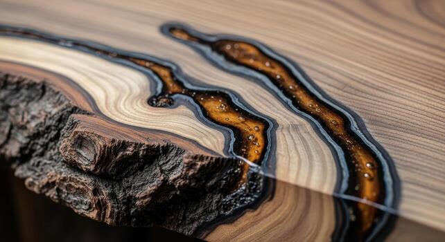 Close-up of a Live Edge Wood Table Showing intricate details of natural wood grain with resin inlay design, emphasizing texture and craftsmanship photo