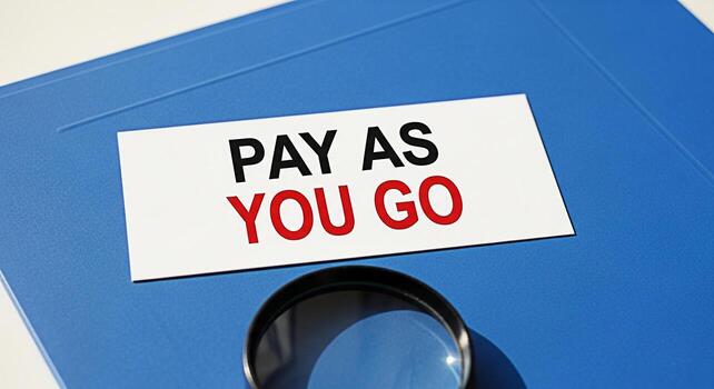 Closeup of a Pay As You Go message on a white card placed on a blue folder viewed through a magnifying glass symbolizing financial flexibility and transparent payment options in business photo